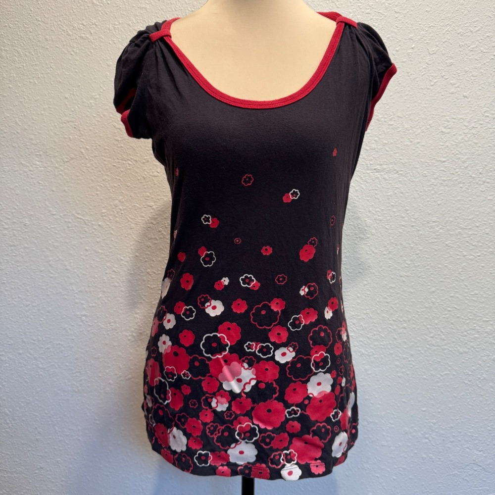 Fang Womens Floral Graphic Puff Sleeve Scoop Neck Cotton Tee Black Red Medium